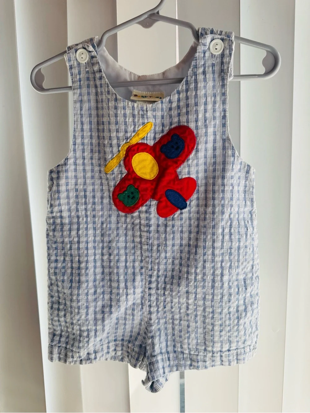 Baby Blue Seersucker Airplane Appliqué One-Piece
